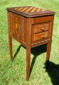 Heavily Inlaid Tramp Art Cabinet with multiple drawers and doors, stripped and refinished.