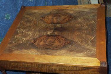 Mid Century Baker Side Table with Olive Burl Veneered Top, stripped and refinished