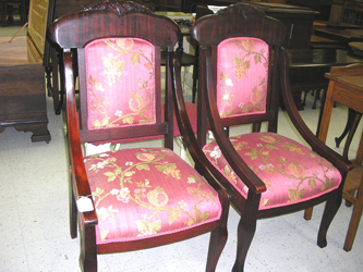 Repaired & Reupholstered Pair of Grain Painted, Swooping Arm Side Chairs