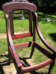 Repaired & Reupholstered Pair of Grain Painted, Swooping Arm Side Chairs